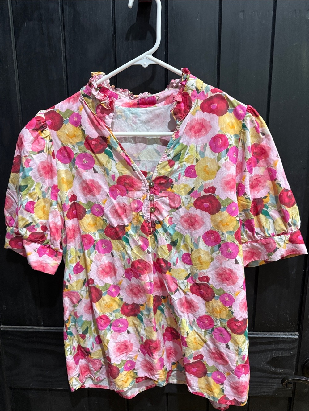 Floral Pink & Yellow Puff-Sleeve Blouse